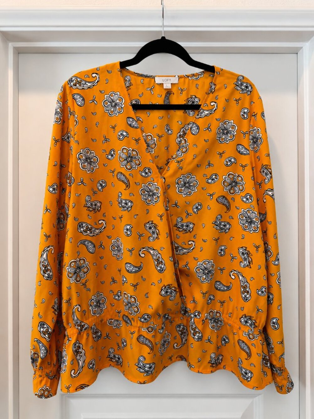 LOFT Mustard Paisley Wrap Peplum Blouse Size Large
